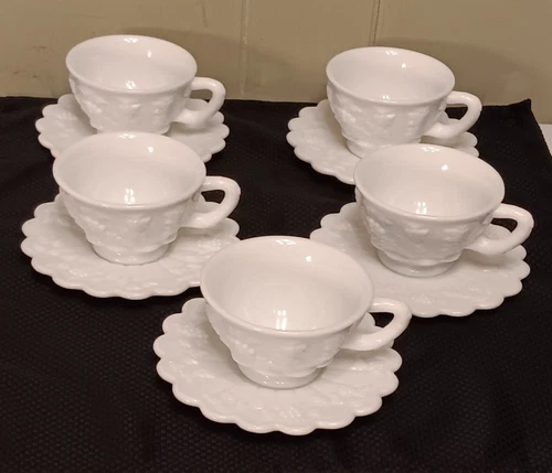 WESTMORELAND PANELED GRAPES MILK GLASS SET OF 5 COFFEE TEA CUPS & SAUCERS