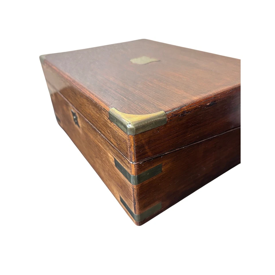 Antique Victorian Campaign Lap Desk Writing Slope Rosewood Brass Bound Box - Image 2 of 4
