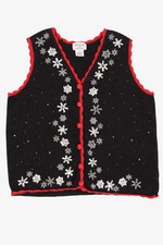 Vintage Black Basic Editions Snowflakes Ugly Christmas Vest 1990s 