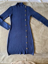 Blue Knit Sweater Dress Knee Length Long Sleeve Button Turtleneck Women