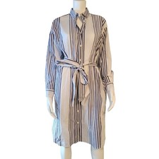 Blue Long Sleeved Striped Shirt Dress Belt Tie Pockets Womens Size Medium Uniqlo