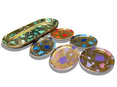 Jonathan Adler x5 Splat Untersetzer & Tablett, Gold & Porzellan GEBRAUCHT UVP 170 £