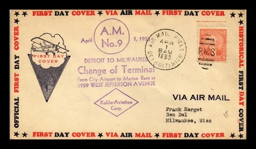 US COVER DETROIT TO MILWAUKEE CHANGE OF TERMINAL AM 9 FIRST DAY AIR MAIL