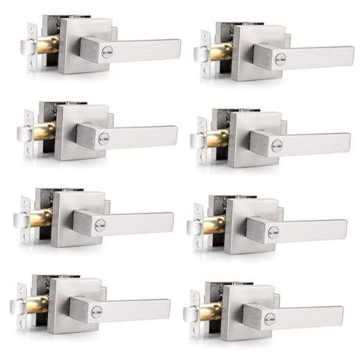 Interior Door Handle, Heavy Duty, Flat Square Privacy 8 Pack Brushed Nickel