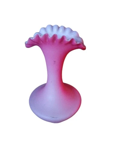 Vintage Fenton Style Pink White Ombre Ruffled Satin Glass Vase 6.5" Tall MCM