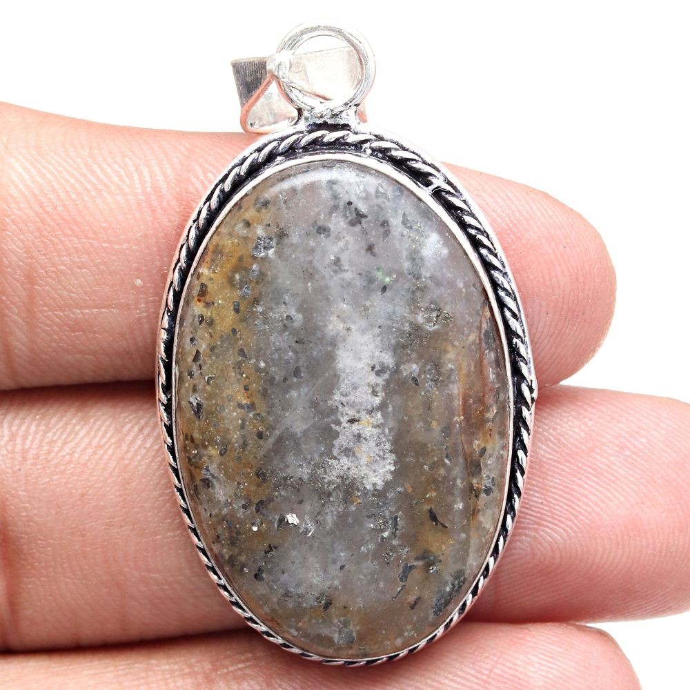 Black Rutile Gemstone Silver Pendant Necklace Gift For Her 2 Inch