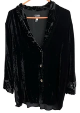 Citron Santa Monica Black Silk Velvet Embossed Collar Buttoned Jacket Shirt