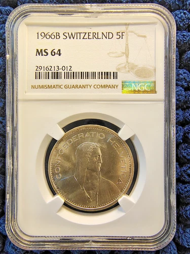 1966B Switzerland (.835) Fine Silver 5 Franc - Herdsman - NGC MS 64