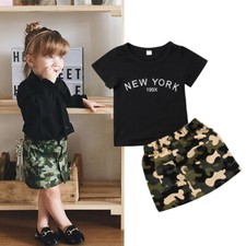 2PCS Toddler Baby Girls Letter Tops Shirts Clothes Tracksuit Skirt Summer Outfit