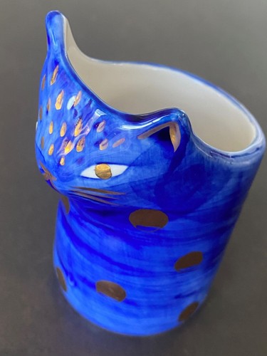 Anthropologie Cat Ceramic Vase Planter Voitive by Bird Can Fox | Gold Blue | 4"h - Picture 13 of 19