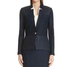 ST JOHN Caris Geo Blazer Women's 6 Navy Santa Knit Lace Notch Old Money Jacket