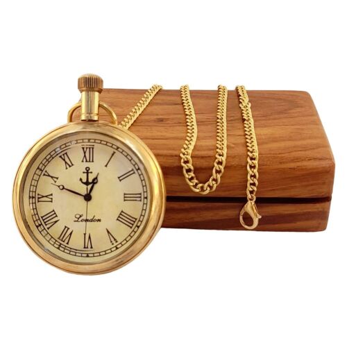 Chaîne de montre de poche style antique en laiton boîte en bois chiffres romains cadeau - Photo 1 sur 3