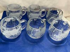 Vintage Set of 6 Nestle World Map Globe Etched Glasses coffee Mugs/Cups 1970's