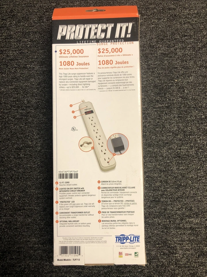 NEW Tripp-Lite TLP712, 12-ft Cord, 1 LED, 7 Outlet Surge Protectors - Image 3 of 4