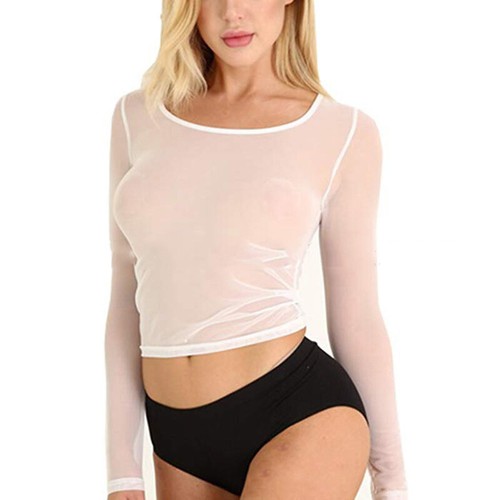 Women Sheer Mesh Fishnet Crop Top See Through Long Sleeve Stretch Shirts Blouse - Picture 9 of 17