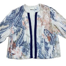 Chicos Sz 3 XXL Brocade Linen Blend Open Blazer Jacket Fringe 3/4 Sleeve NWOT