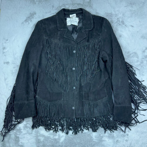 Vintage Lariat Leathers Jacket Womans 12 Black Fringe Suede Made in the USA - Afbeelding 1 van 13