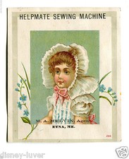 Victorian Trade Card HELPMATE SEWING MACHINE Etna Maine girl in bonnet