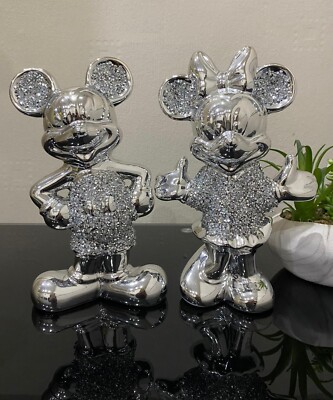 2er Set Bling Ornament freistehend Silber geschliffener Diamant Mickey Minnie Mouse