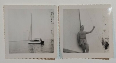 2 1950s VTG Instant PHOTO Handsome Shirtless Man Sailboat 