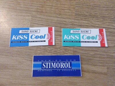 3 alte Aufkleber Bonbon Kaugummi KISS COOL STIMOROL KREMA