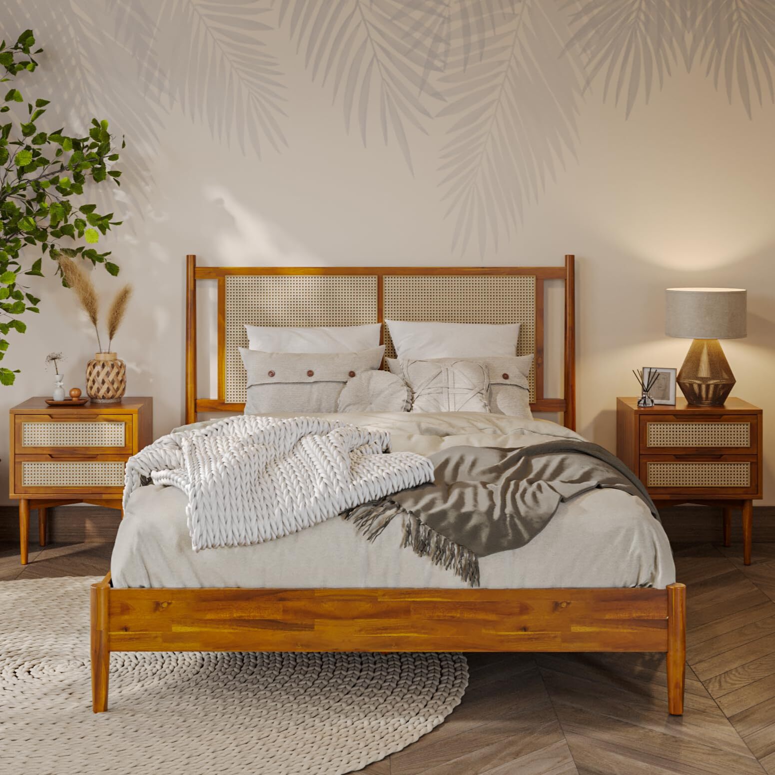 Oliver Headboard Queen Size Bed Frame - 15-Inch Signature Design with Rattan ...-image