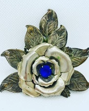 VIntage 1950s Repousse Floral Blue Rhinestone  Brooch Silver Tone