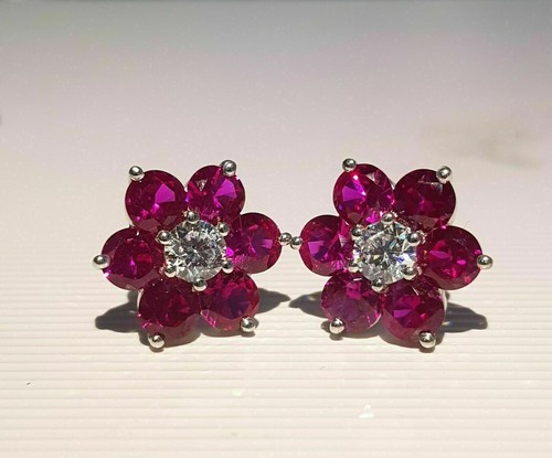 14K White Gold Over 2.3Ct Round Cut Simulated Red Ruby Flower Stud Gift Earrings - Picture 2 of 5