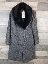 Heine Boucle Fur Collar Coat Uk 12 Black Grey Wool Double Breasted Tailored Bn