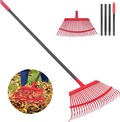 Garden Leaf Rake with 62 Inch Adjustable Long Steel Handle, 25 Metal Tines