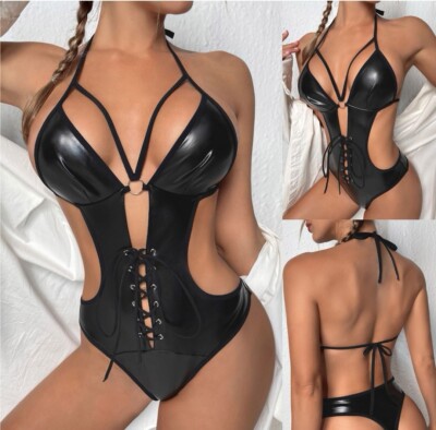 Sexy Damen Sexy Lederoptik Body Dessous angenähter Tanga Clubwear