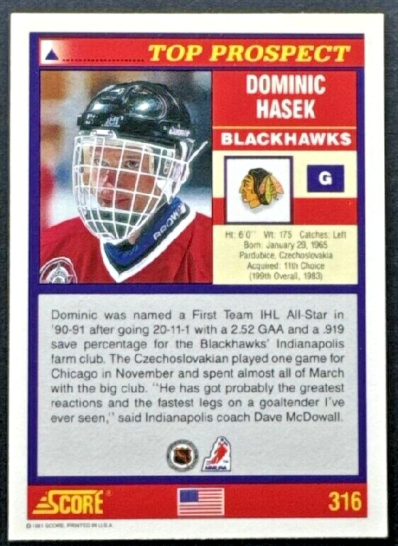 1991-92 Score Canadian - Top Prospect #316 Dominik Hasek (RC) | eBay