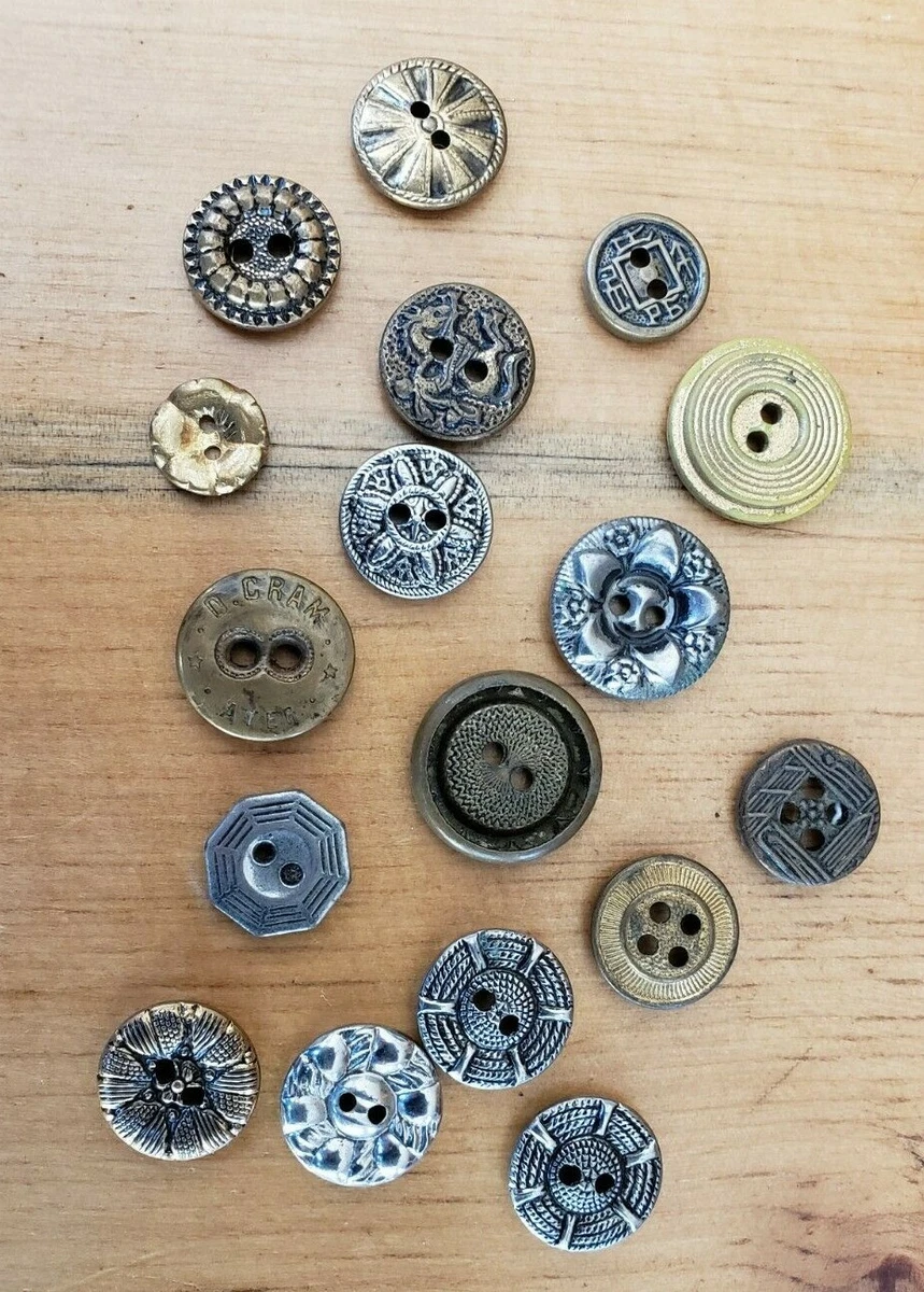 Lot of 17 Vintage Metal Buttons with Various Designs and Diameters Flat  Style