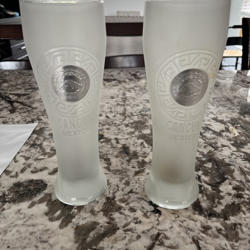2 Cancun Mexico frosted glass coffee cup-souvenir- Beautiful looking- Engraved