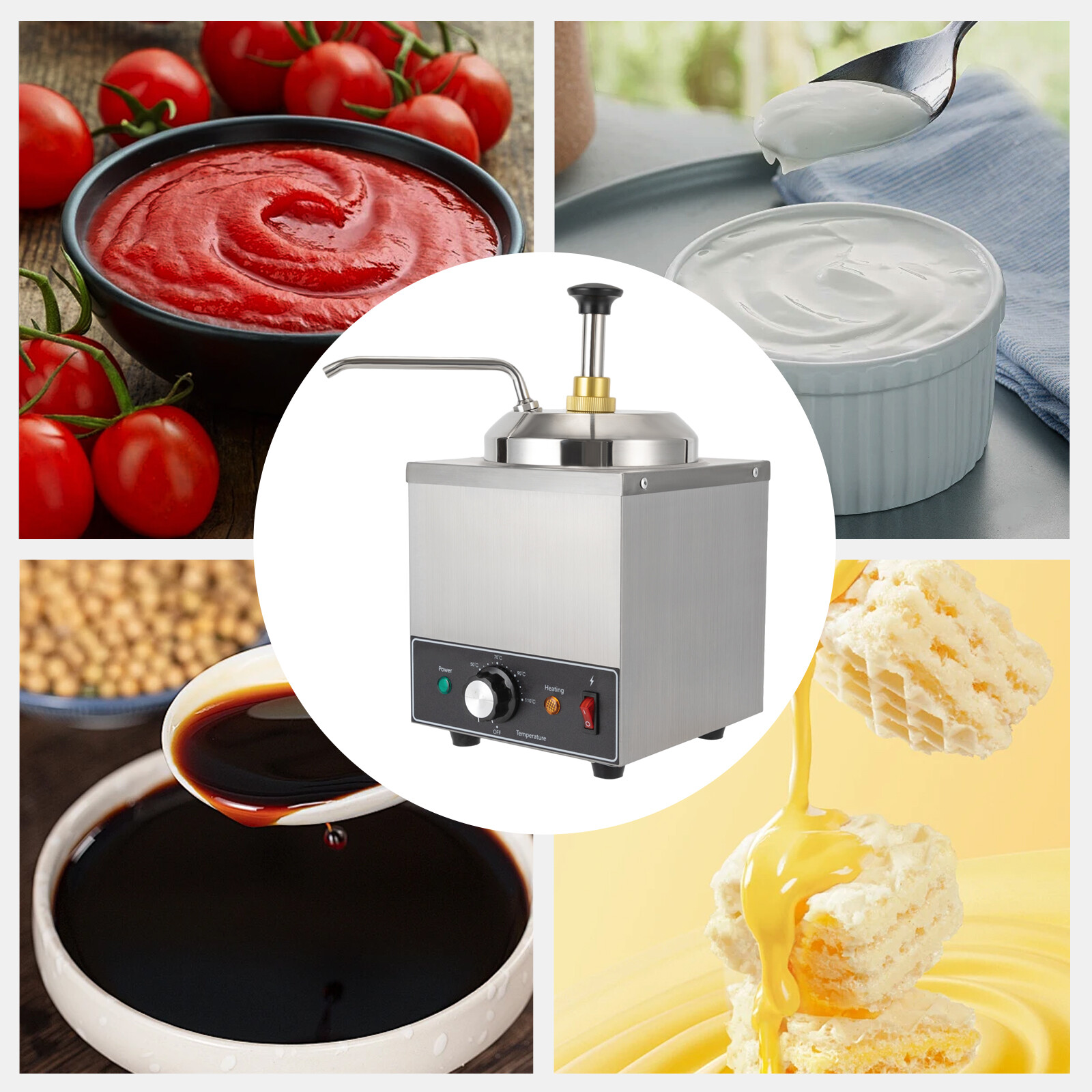 2L Stainless Steel Sauce Warmer with Pump, 650W 110V Adjustable Temperature