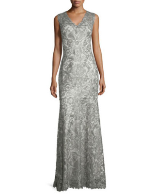 NWT ash gray Tadashi Shoji V neck cap sleeve lace Gown size 10