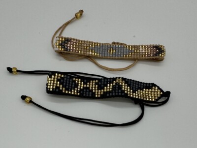 Woven Seed Bead Pair of Bracelets - Leopard Print - Abalone/Gold - Adjustable