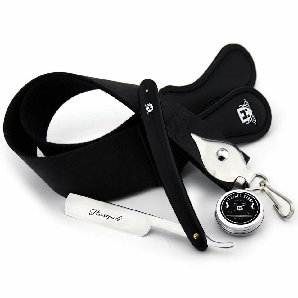 Juego de afeitado estilo peluquero corte recto garganta afeitadora y correa de cuero negro KIT DE REGALO Foto 2 de 4