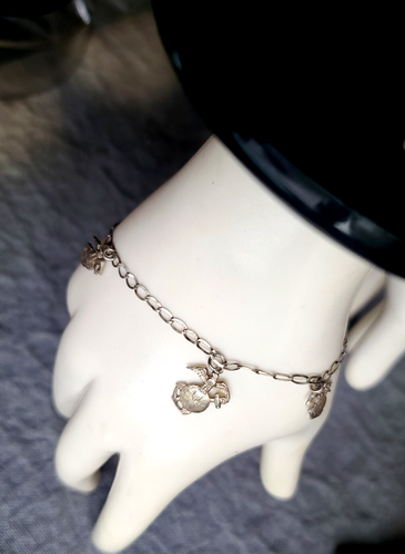 1970's Vintage Large & Small Marine Emblem 7 1/4" Sterling Silver Charm Bracelet