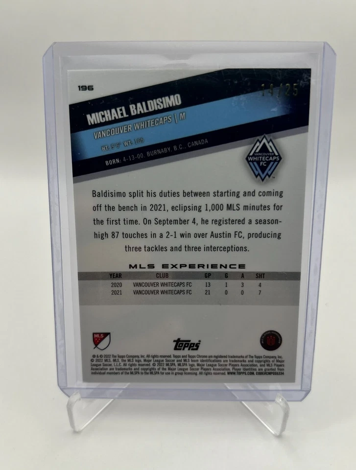 MICHAEL BALDISIMO ORANGE REFRACTOR /25 2022 Topps Chrome MLS WHITECAPS #196 - Image 2 of 2