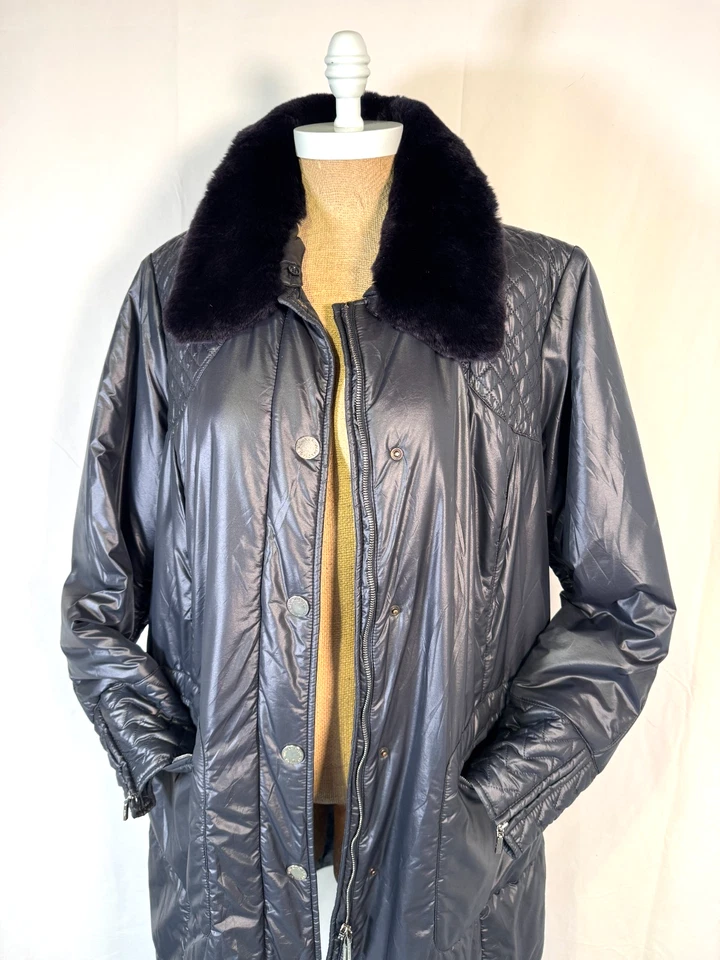 Chaqueta acolchada Marina Rinaldi negra Longline abrigo cuello de piel cremallera completa talla XL Foto 3 de 4