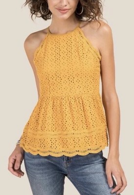 Crochet Sunflower Yellow Halter Tank Top Medium Spaghetti Strap Peplum Eyelet
