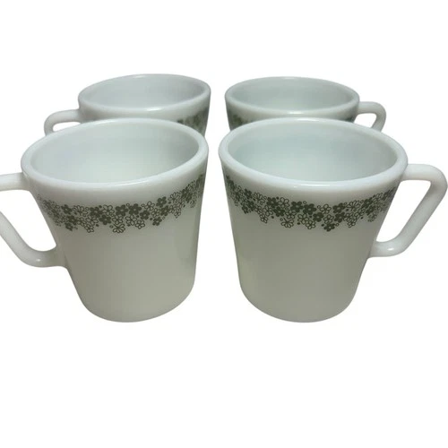 PYREX Corelle Corning Spring Blossom Crazy Daisy D Handle Coffee Mugs USA Set 4