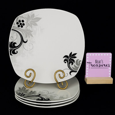 Van Well Wellco Design BLACK GRAY FLORAL Soft Square Ceramic Dinner Plates Set 4