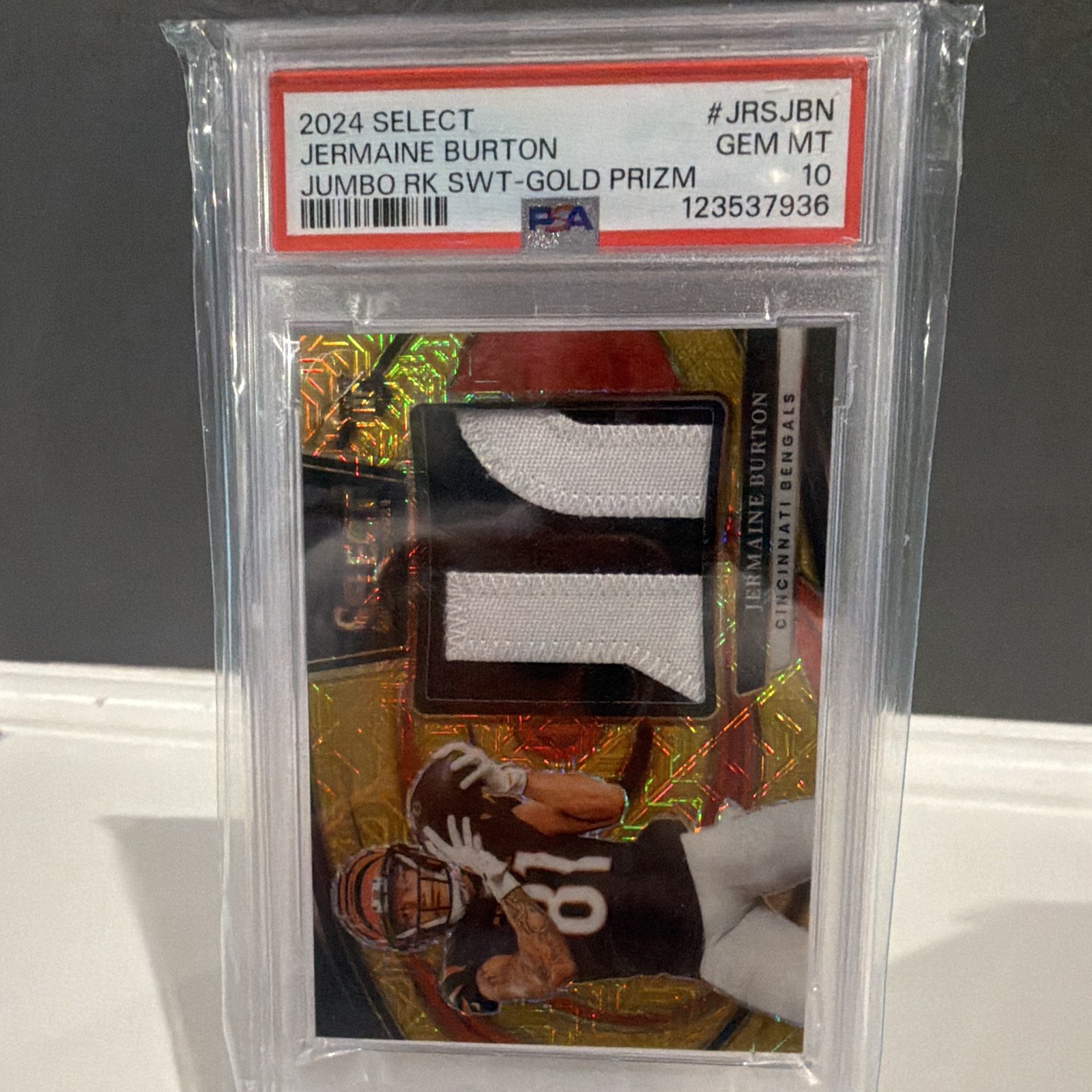 Panini 2024 Select Jermaine Burton Jumbo Rookie Swatches Gold Prizm /10 PSA 10