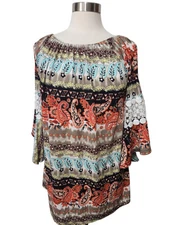 Win Win Womens Paisley Print Tunic Top L-XL Bell Sleeve Lace Trim Elastic Neck