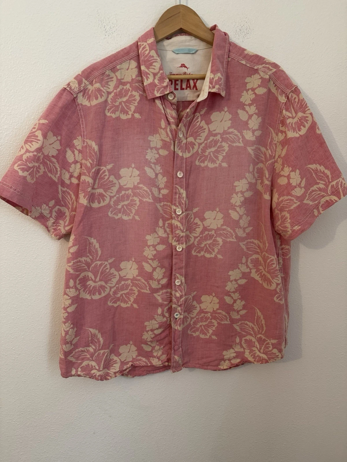 Tommy Bahama Shirt Mens XL Pink Floral Linen Blend Button Up Beach Hawaiian