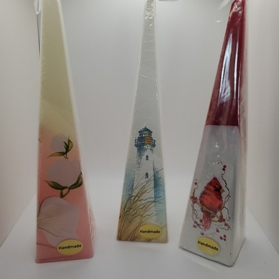 Handmade Set of 3 Pyramid Shaped Candles 1 Light House Ocean, Cardinal, Flowers