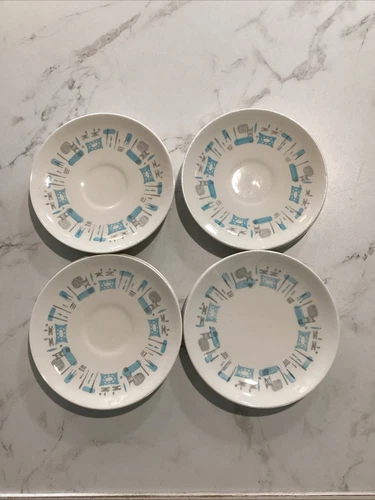 Set Of 8 MCM Atomic Blue Heaven Royal China Bread and Butter Plates 6.25”