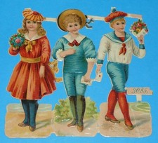 RARE GRAND CHROMO DECOUPIS 1870-1885 VICTORIAN DIE CUT ENFANTS FLEURS CADEAUX